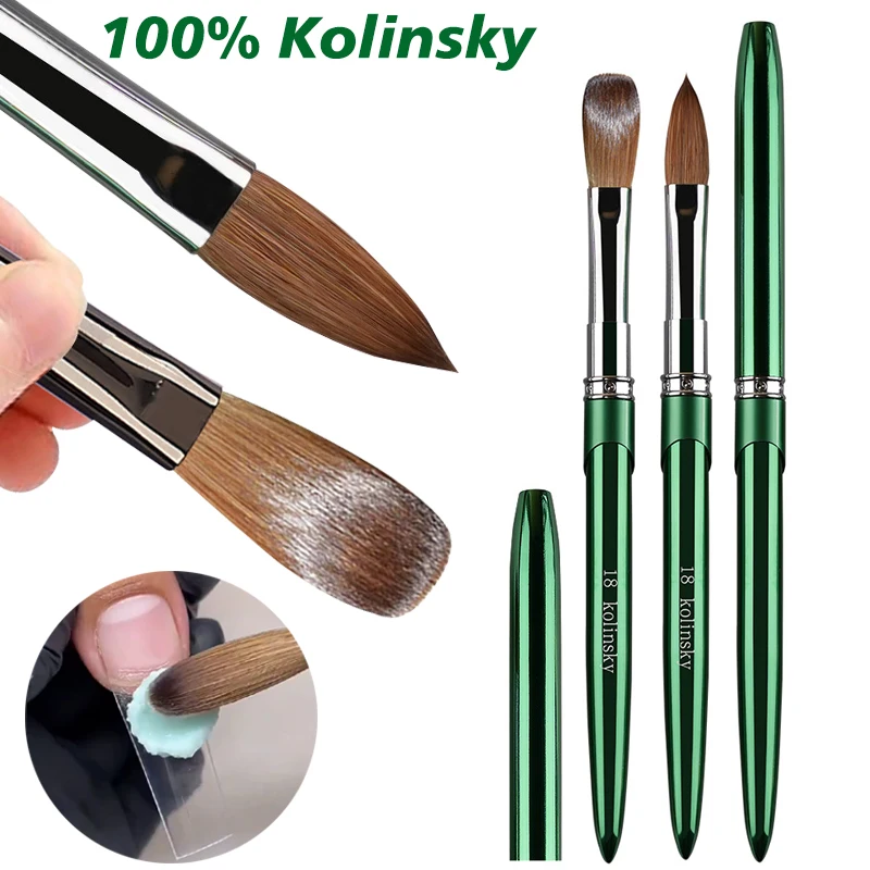 فرشاة أظافر أكريليك كولينسكي عالية الجودة لصالون الأظافر 100% أخضر نقي بيضاوي مجعد على شكل مقبض معدني فرشاة أظافر أكريليك #1