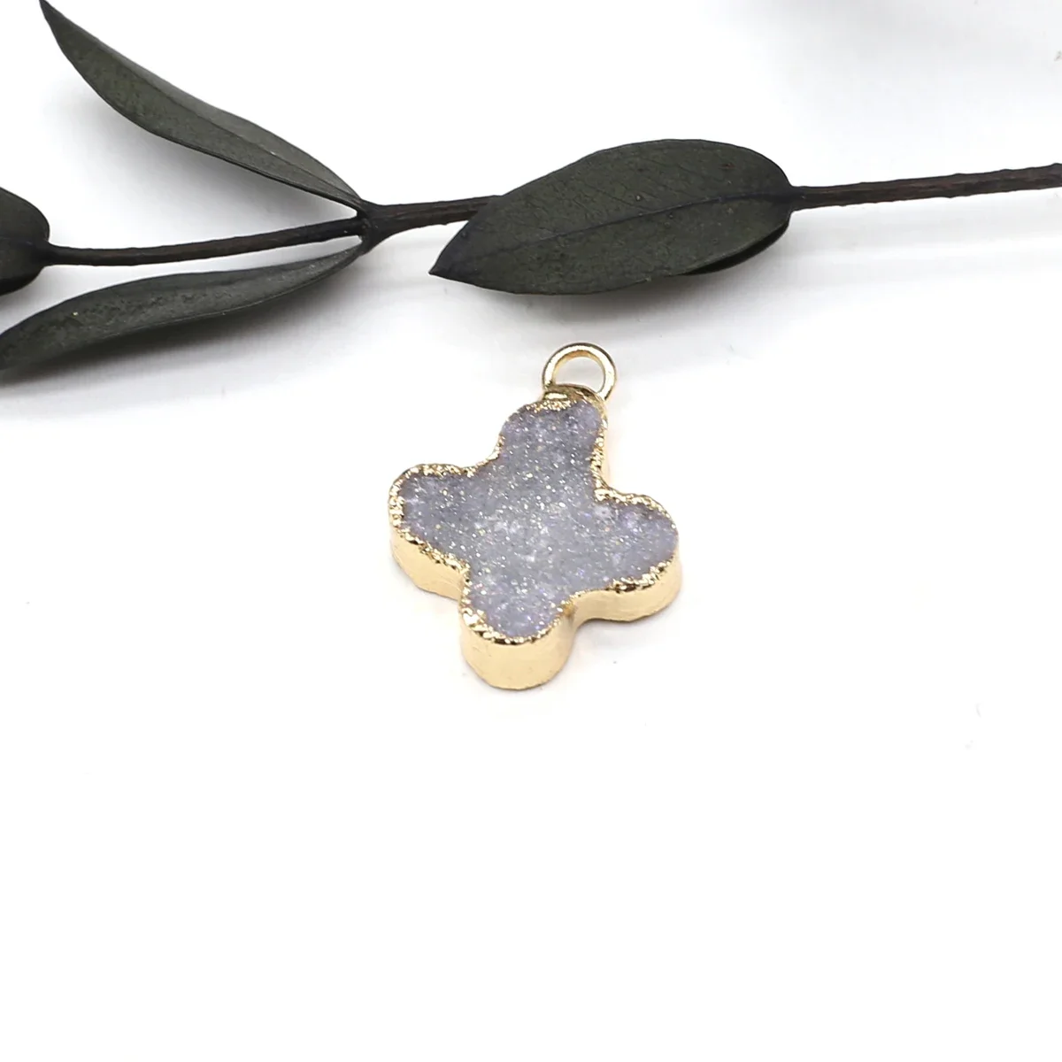 Reiki Healing Natural Stone Four Leaf Clover Shape Crystal Druzy Pendant Jewelry Making DIY Necklace Earrings Accessories