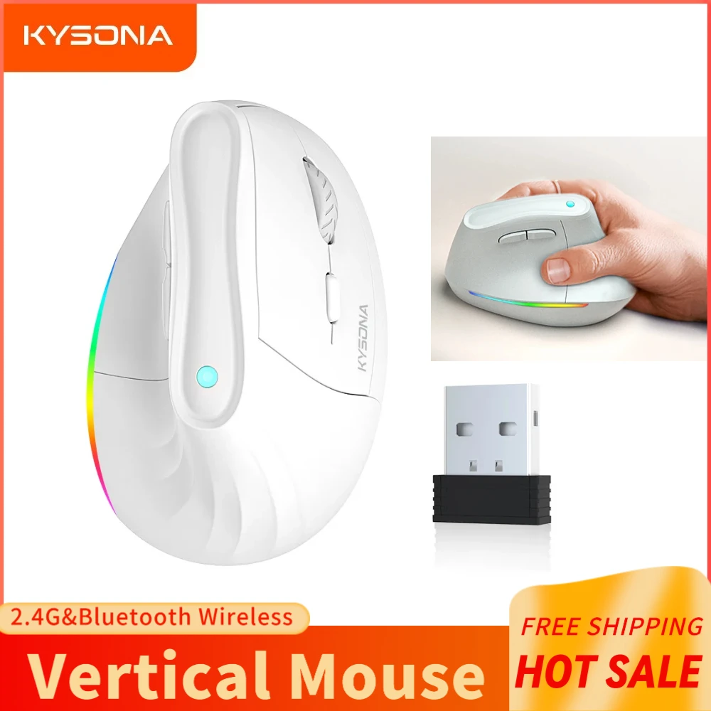 

Эргономичная вертикальная мышь KYSONA 2,4G и Bluetooth, беспроводная двухрежимная, 4000 точек на дюйм, бесшумный щелчок, RGB-подсветка