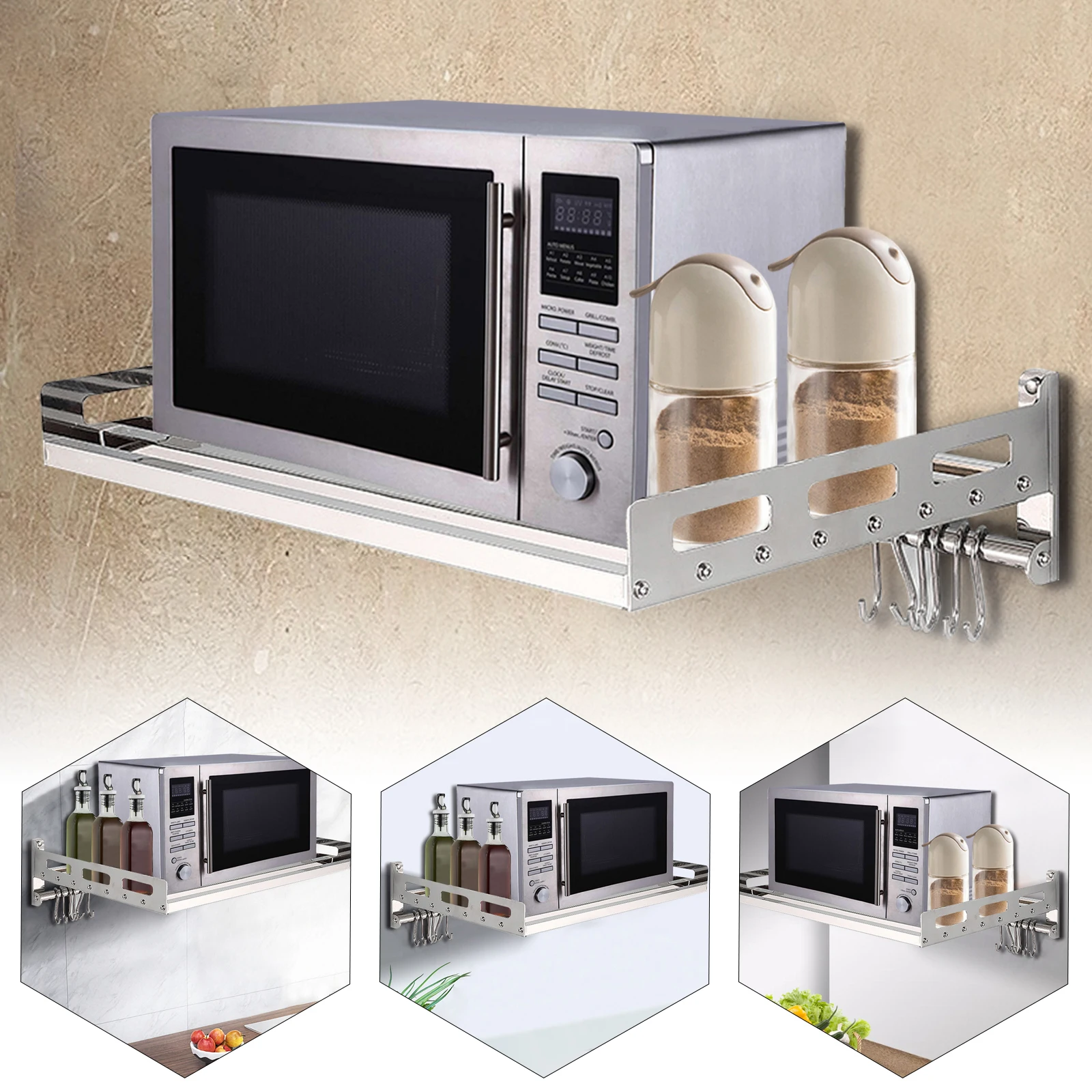 12* Hooks Microwave Oven Support Wall-mounted Kitchen Storage Rack Stainless Steel 60cm