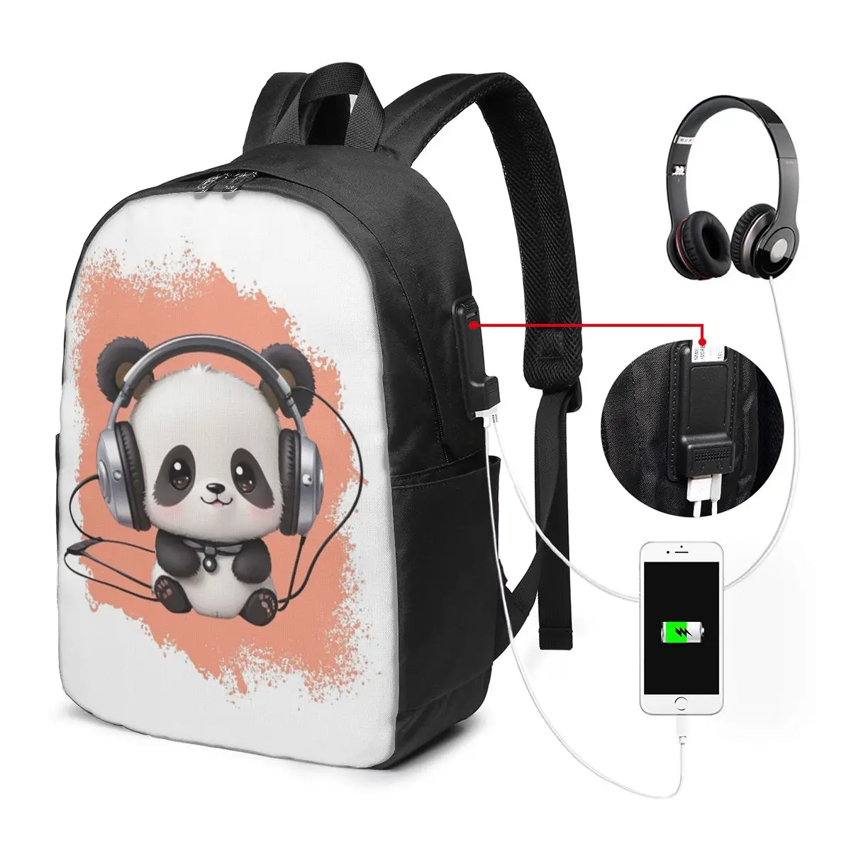 Adorable Panda With Headphones And Music Backpack Travel Notebook Bag Computer College Student School Bag Laptop Shoulder Bags