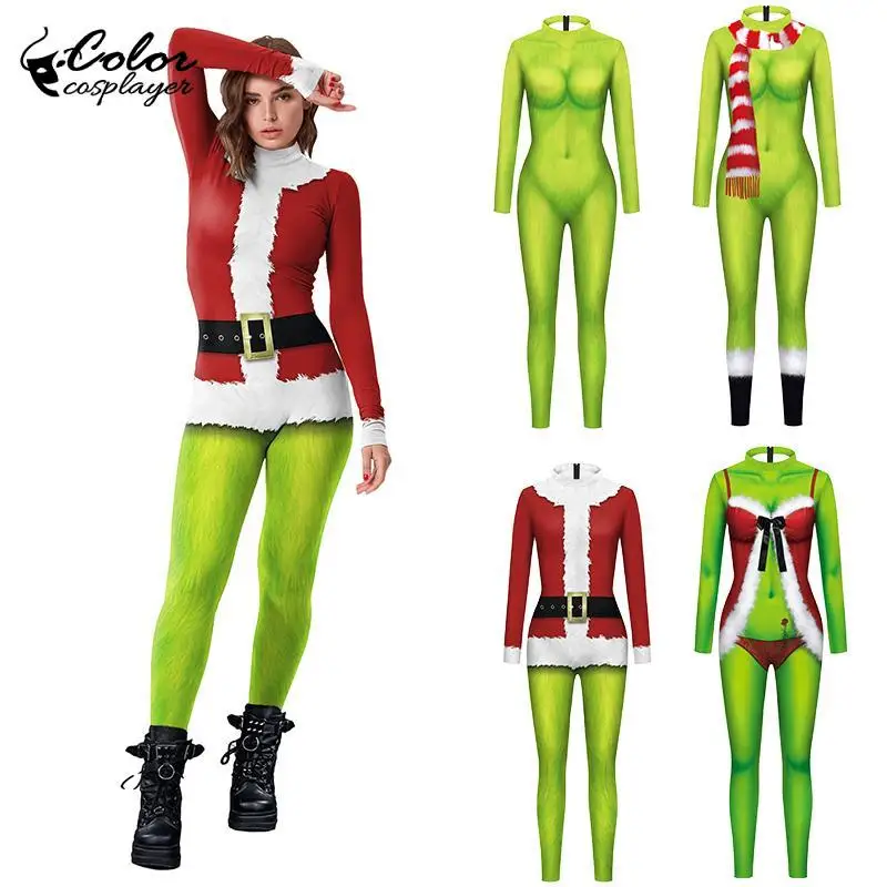 Color Cosplayer Christmas Dress Suit Jumpsuit Xmas Cosplay Costume Movie Green Monster Girl Bodysuit Party Carnival Zentai