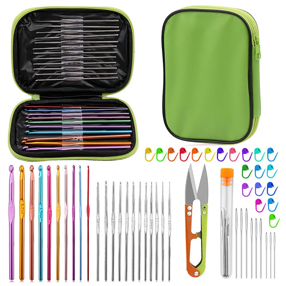 52 teile/satz Aluminium Häkelnadeln Set Metall Häkelnadel Set mit Aufbewahrungstasche Große Auge Nadel Stich Marker für Häkeln Liebhaber