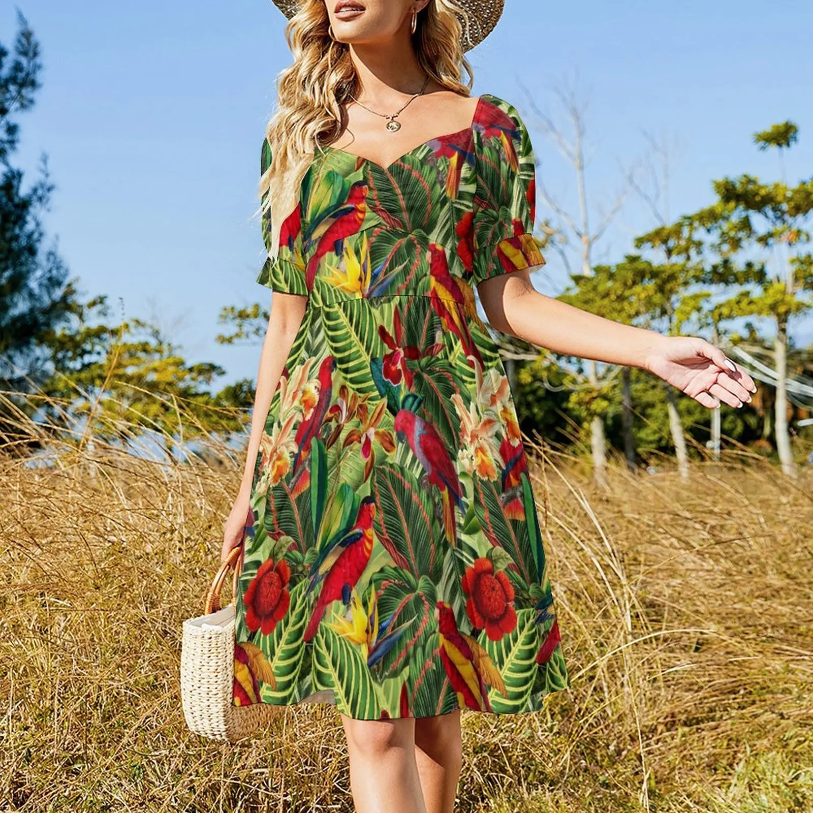 Vintage Tropical Bird Jungle Botanical Night Botanical Garden Short Sleeved Dress ladies dresses for special occasions Dress