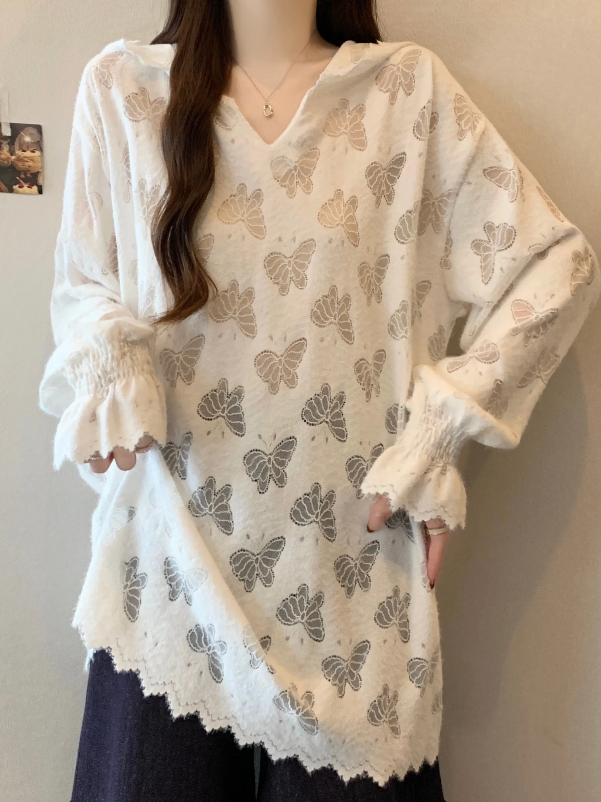 Lace Hollow out Long Sleeve Hoodie Women's Style  Knot Base Shirt Spring Autumn plus Size Cover Butt Top