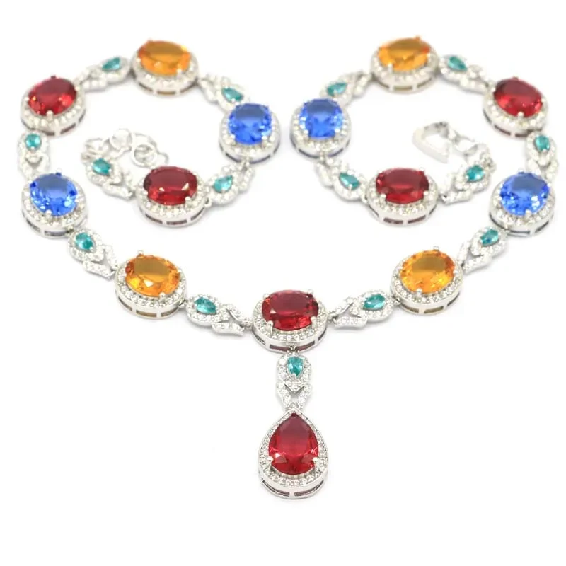 57g 925 SOLID STERLING SILVER NECKLACE CHAIN Multi Color Ruby Citrine Blue Aquamarine Violet Tanzanite Peridot Kunzite CZ 18.5in