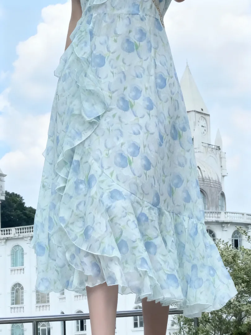 NUOMICI Primavera Verano vestido de mujer falda de cola de pez Floral dulce lindo Puff manga vestido largo pradera Chic turismo Camping trajes