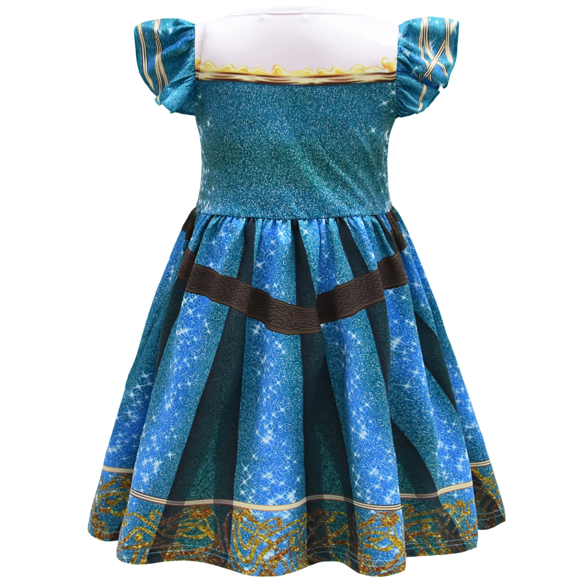 Kids Girls Anime Cartoon Merida Princess Short Sleeves Print Dress Outfit Halloween Cosplay Costume