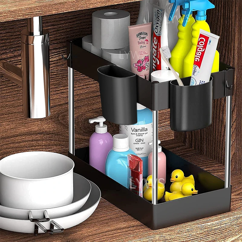 2 Layer Sink Storage Rack With Hook Multifunctional Storage Rack for Kitchen Bathroom Sink and Countertop Kitchen Sink Organizer