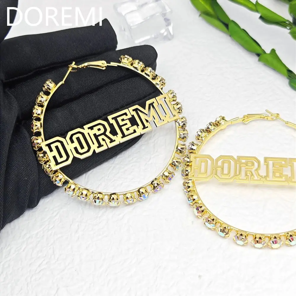 DOREMI Women Elegant Personalized Jewelry Gift Colorful Zircon Shiny Crystal Stone Hollow Custom Name Earring Hoop