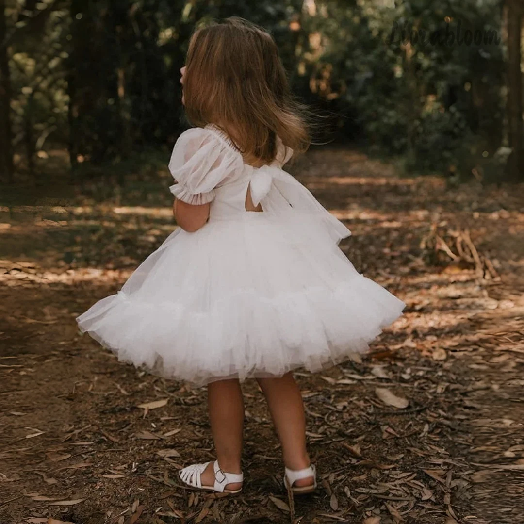 Abito da damigella d'onore su misura per bambina, senza schienale, in tulle, corto, elegante, per feste di matrimonio, vestito da donna