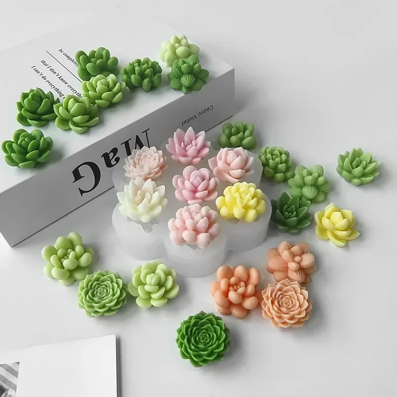 7pcs Succulent Flowers Candle Mold 3D Cactus Lotus Rose Soap Plaster Crafts Mold DIY Chocolate Fudge Pastry Cake Silicone Molds