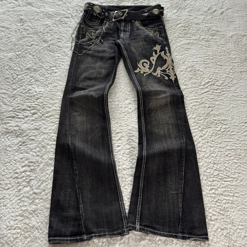 HOUZHOU Vintage Embroidery Patchwork Women Flared Jeans Y2k Harajuku Wide Leg American Style Denim Pants Baggy Punk Streetwear
