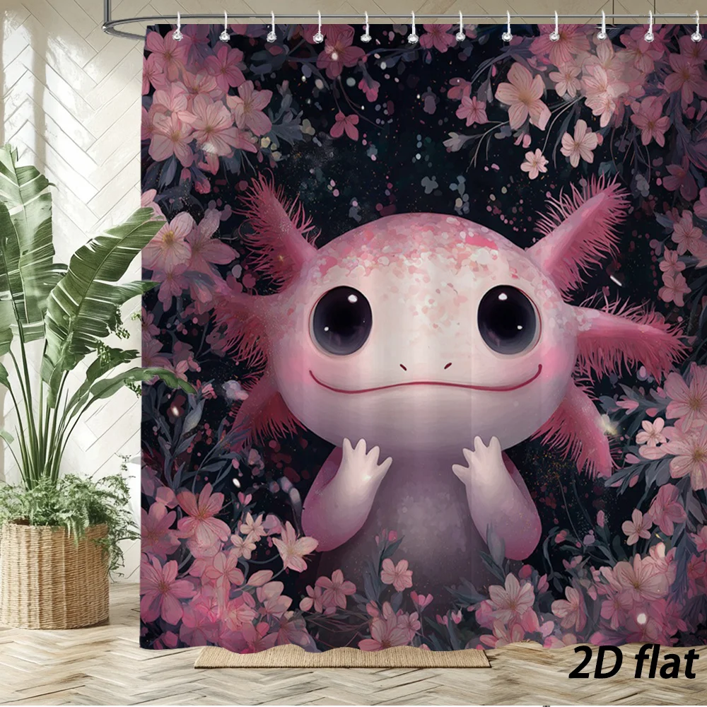 Dreamy Fantasy Pink Axolotl Cherry Blossom Flower Frame Dark Sparkling Background Illustration Bath curtain Comfortable