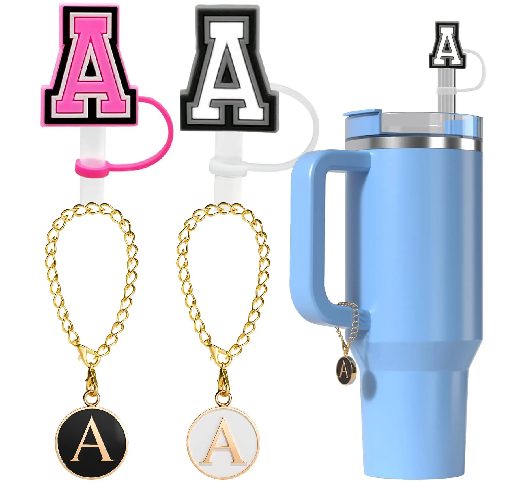 

4pcs/set 26 Letter Straw Cover Cap 10MM Drink Straw Plug Reusable Splash Proof Drinking Fit Cup Straw Cap Charms Pendant Gift