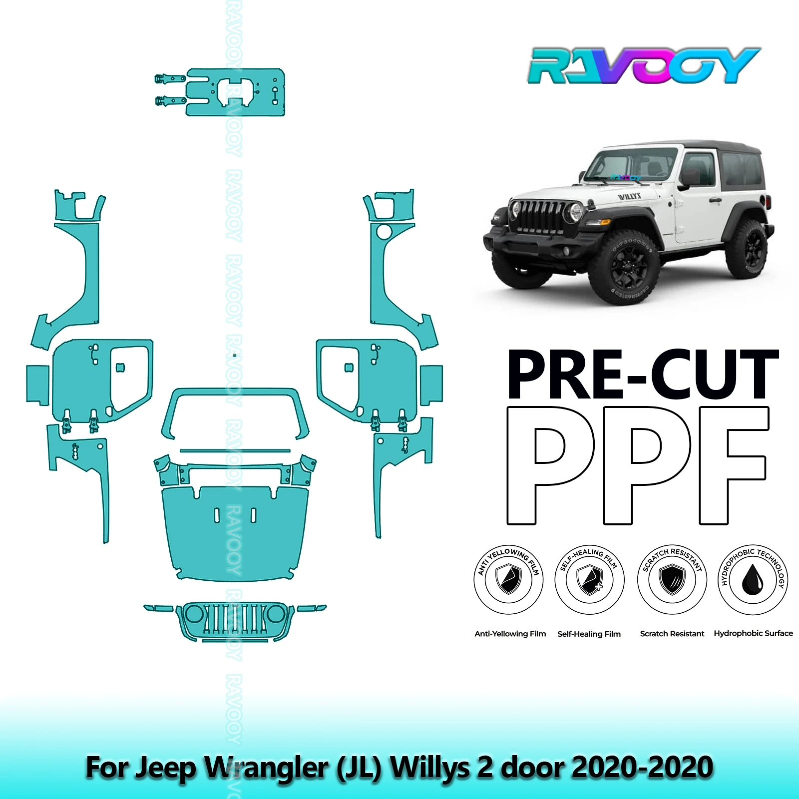 RAVOOY 8.5Mil Custom-Fit Precut TPU PPF Full Vehicle Clear Bra Stone Guard EU UK For Jeep Wrangler (JL) Willys 2 door 2020-2020