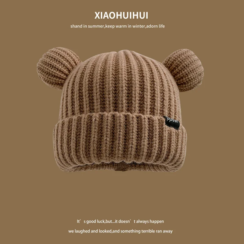 Korean Loose Big Head Waist Little Bear Ears Woolen Hat Women\'s Autumn and Winter Thickened Warm Knitted Hat Cute Ear Protection