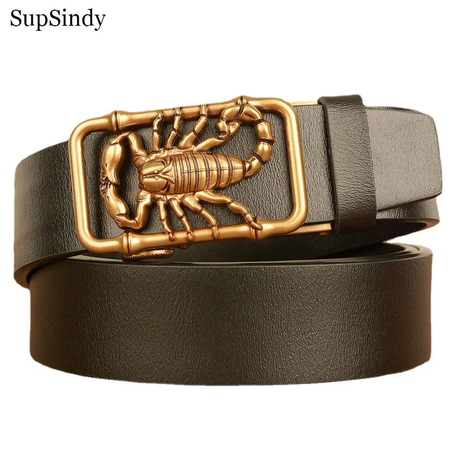 SupSindy Genuine Leather Men Belt Scorpion Gold Metal Automatic Buckle Cowhide Leather Belts for Men Jeans Waistband Male Strap