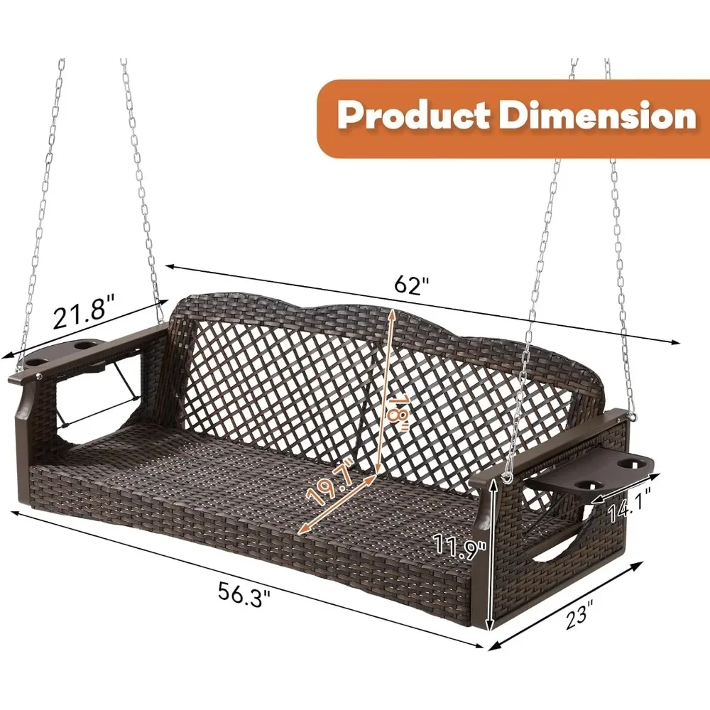 3 Seat Porch Swing, Wicker Patio Swing with Cup Holders & 3 Back Cushions, Yard Swing with Chains for Deck Garden Backyard