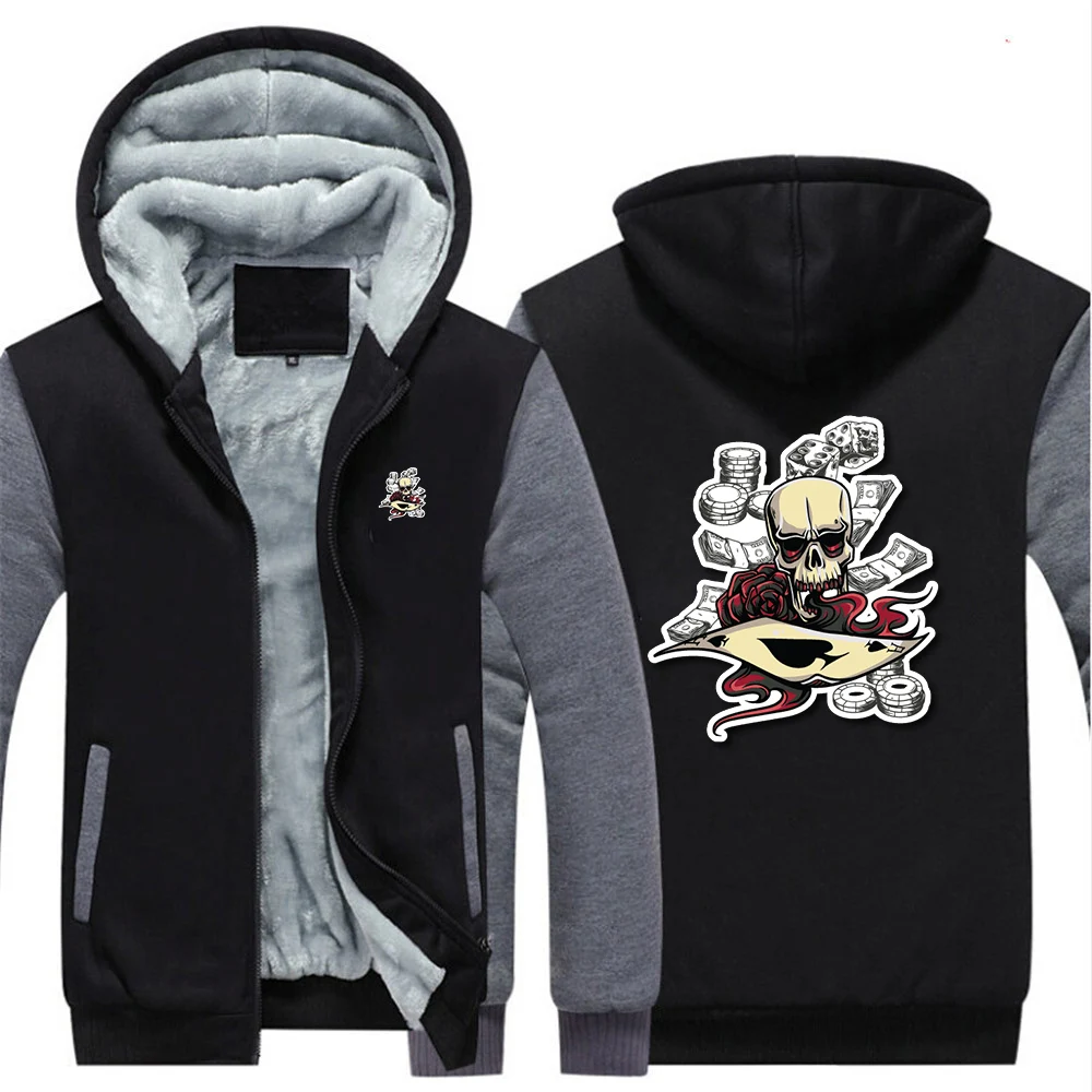 2025 خريف شتاء جديد الرجال الجمجمة بوكر رقاقة نمط طباعة بلوزات الدافئة رشاقته الصوف هوديس الهيب هوب معطف مريح