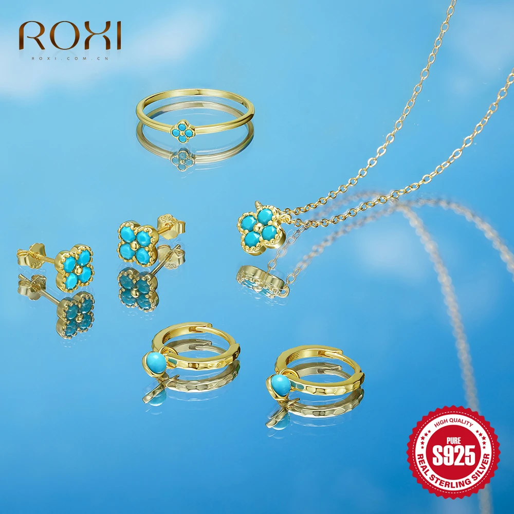 

ROXI S925 Sterling Silver Turquoise Clear Zircon Petal-shaped Jewelry Set Finger Rings Necklace Stud Earrings For Women kolczyki