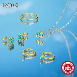 ROXI S925 plata esterlina turquesa claro circón en forma de pétalo conjunto de joyería anillos de dedo collar pendientes de tuerca para mujer kolczyki