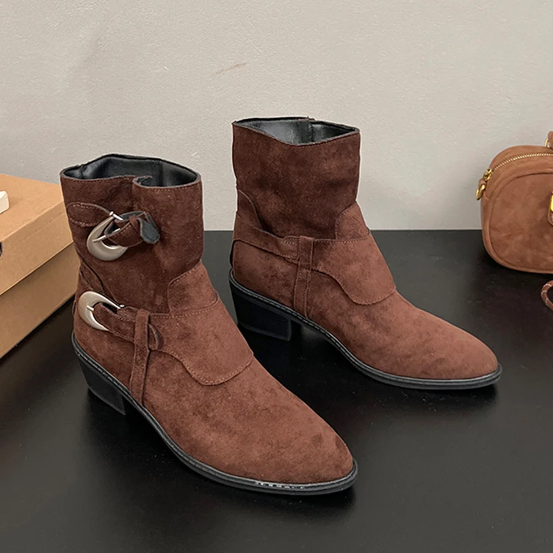 Women Ankle Boots Designer New High Heels Shoes Winter Chelsea Short Boots Woman 2025 Trend Chunky Shoes Buckle Snow Botas Mujer