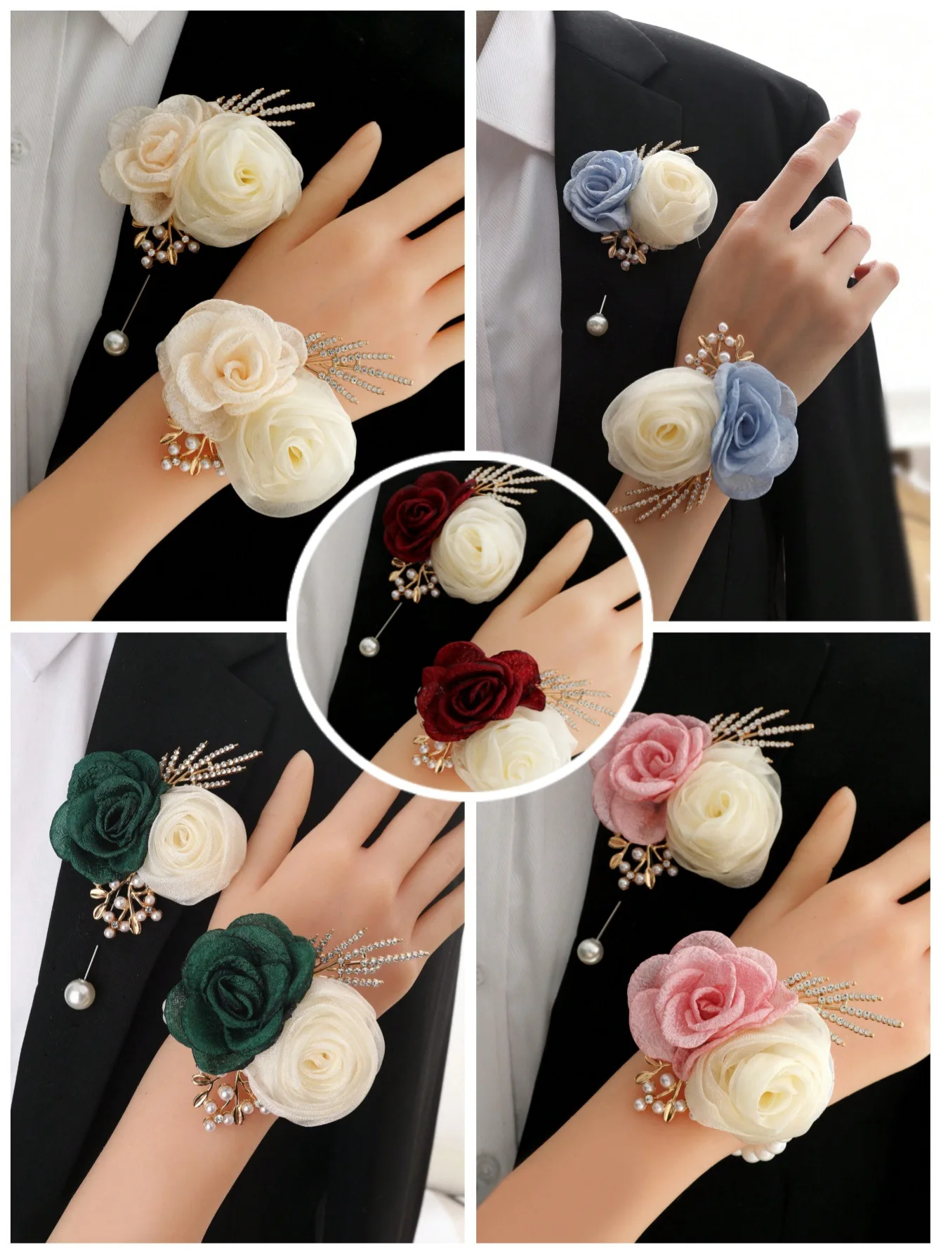 

Набор для свадьбы: браслет-корсаж и бутоньерка, элегантный искусственный цветочный браслет для подружки невесты, жениха, выпускного вечера, декор для вечеринки