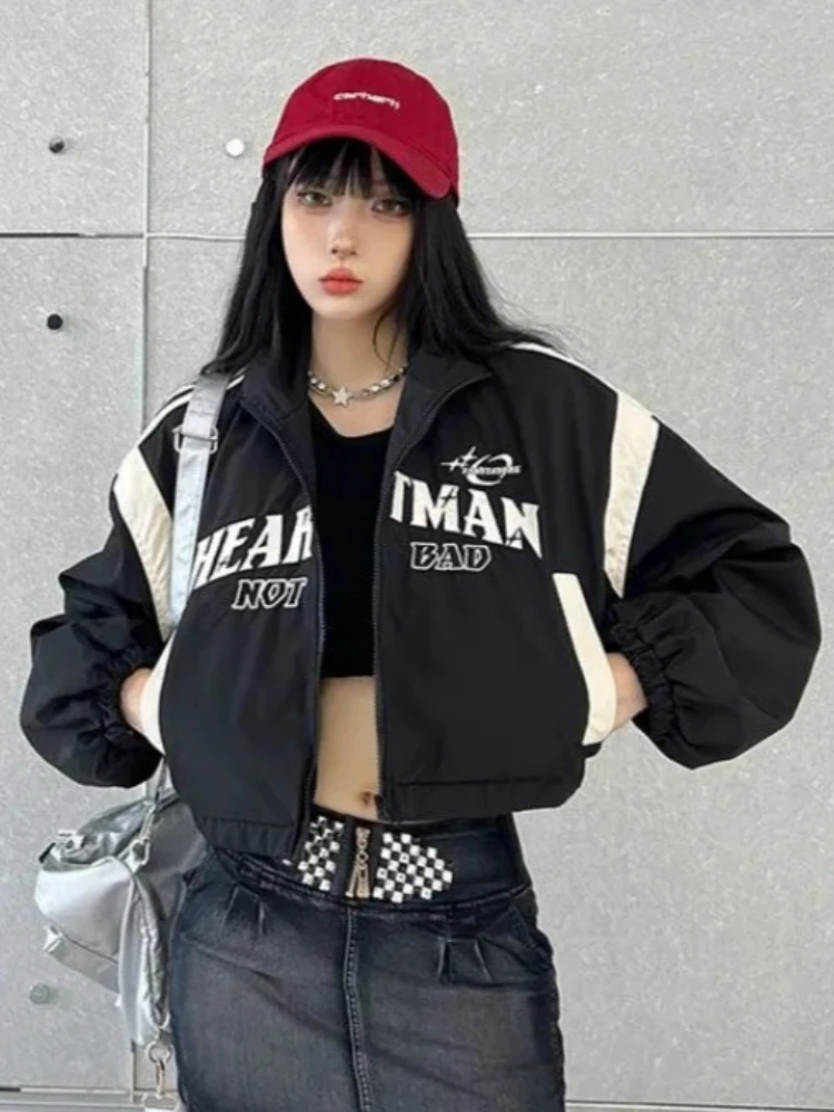 QWEEK American Vintage Retro Letter Embroidery Oversize Jackets Women 2024 Fashion Korean Kpop Streetwear Coats