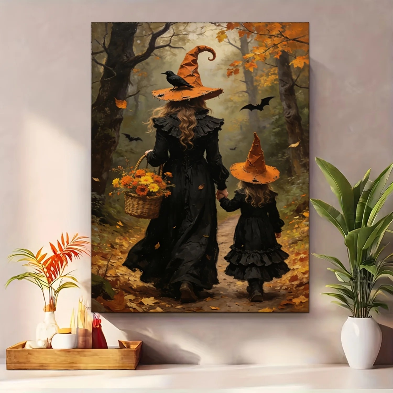 1pc Retro Style Witch Mother And Daughter Frameless Canvas Painting, Autumn Forest And Bat Print Pattern, 2D Flat Art, Non-W