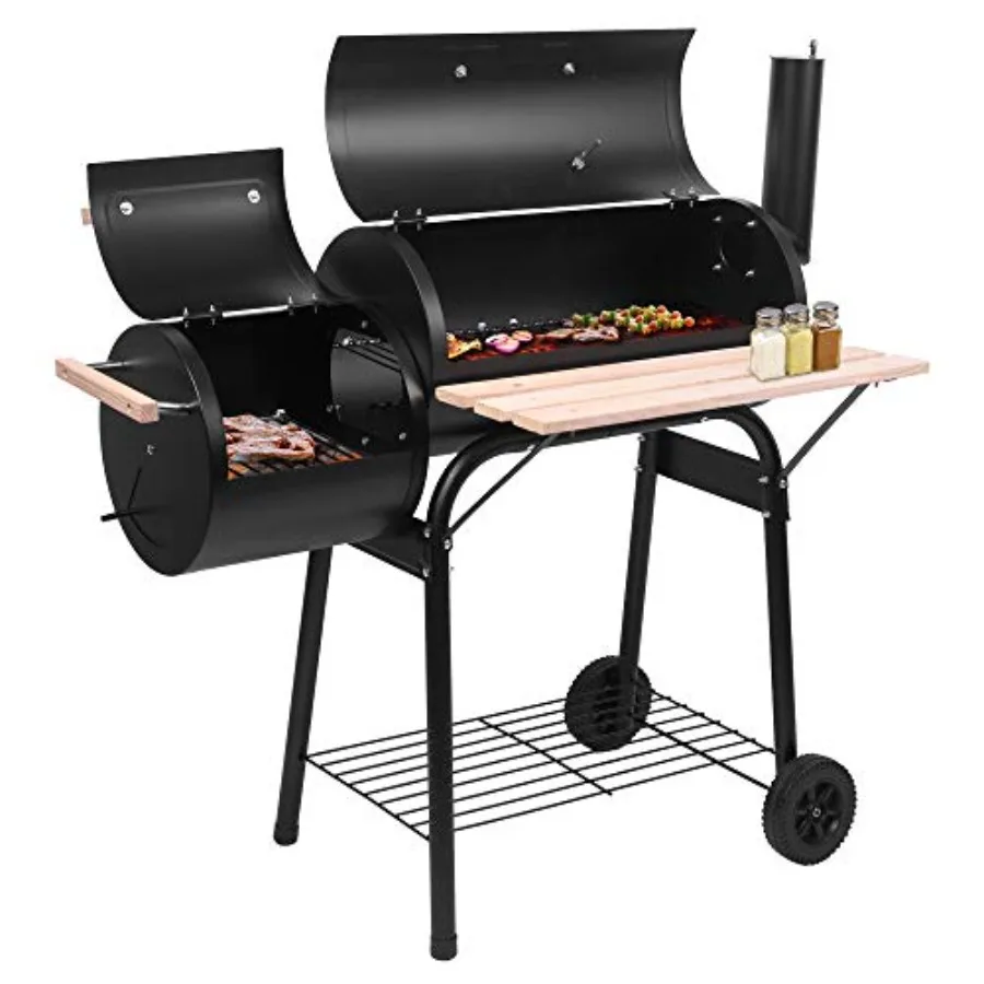 

BBQ Charcoal Grill for outdoor patio, black steel, heavy-duty construction with offset smoker, mobility wheels and ash tray ide