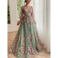 Cathy Customized Flowers Embroidery V-Neck Prom Dress Long Illusion Sleeves vestidos de noiva Floor-Length Evening Dresses 2025