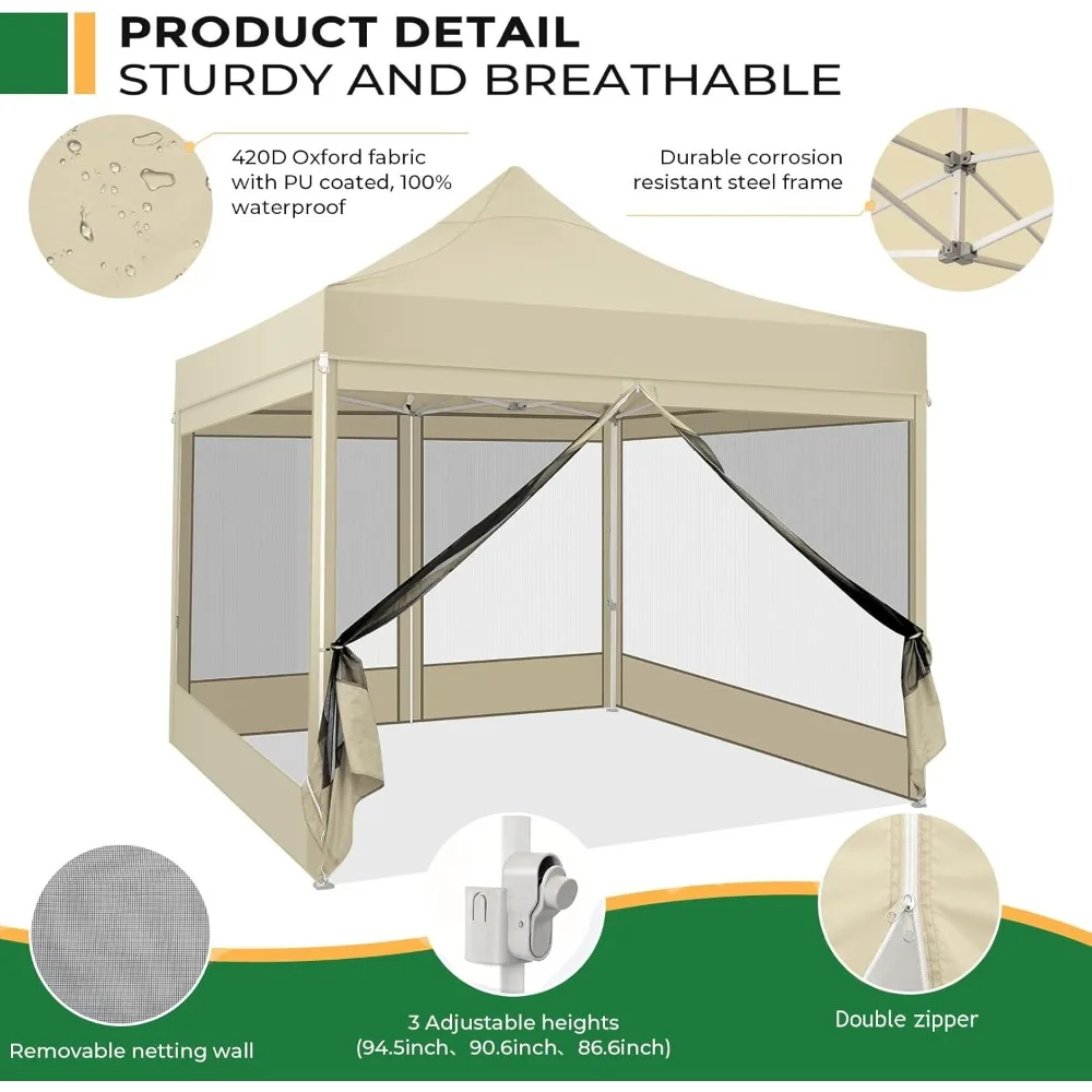 10x10 Heavy Duty Pop Up Canopy Tent with 4 Sidewalls, Commercial Gazebo Party Tent with Mosquito Netting Wall Easy