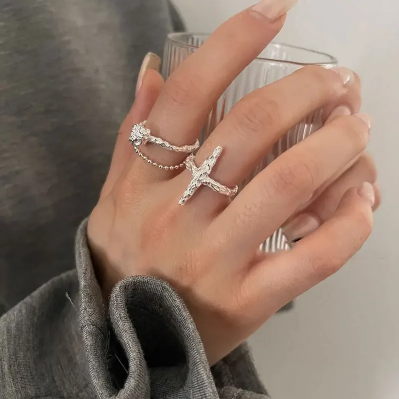 

925 Sterling Silver Double Round Bead Chain Bump Cross Ring for Women Girls Korean Fashion Personality Exquisite Gift Jewelry