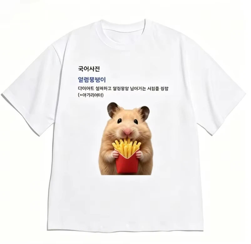 2026 Funny Short Sleeve Hamster French Fries Print Tshirt White Casual Crew Neck Tee with Korean Foodie Dictionary Quote Fashion