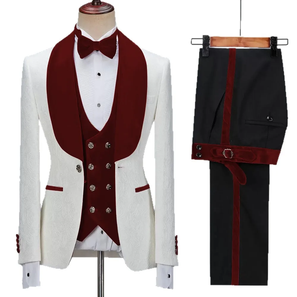 White Jacquard Men's 3PCS Formal Business Suit Best Man Wedding Tuxedos Slim Fit Shawl Lapel Blazer Vest Pants Set Men Outfits
