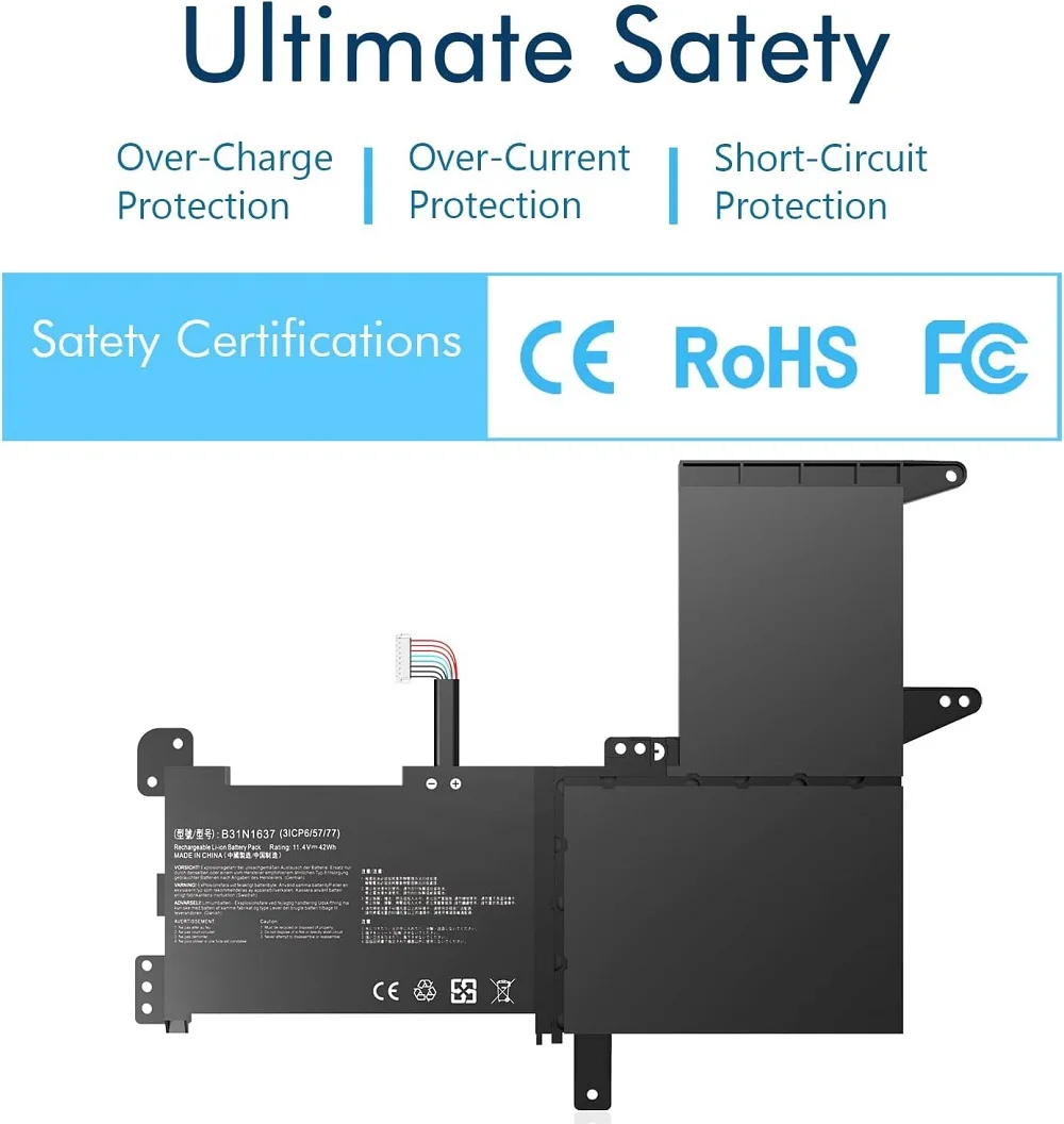 Reemplazo de batería 42Wh B31N1637 para ASUS VivoBook F510 F510QA F510U F510UA F510UQ 15 X510 X510U X510UF X510UQ X510UAR, S15 S510U S510UA 38 S 510UN S510UQ S510UR se adapta a C31N1637