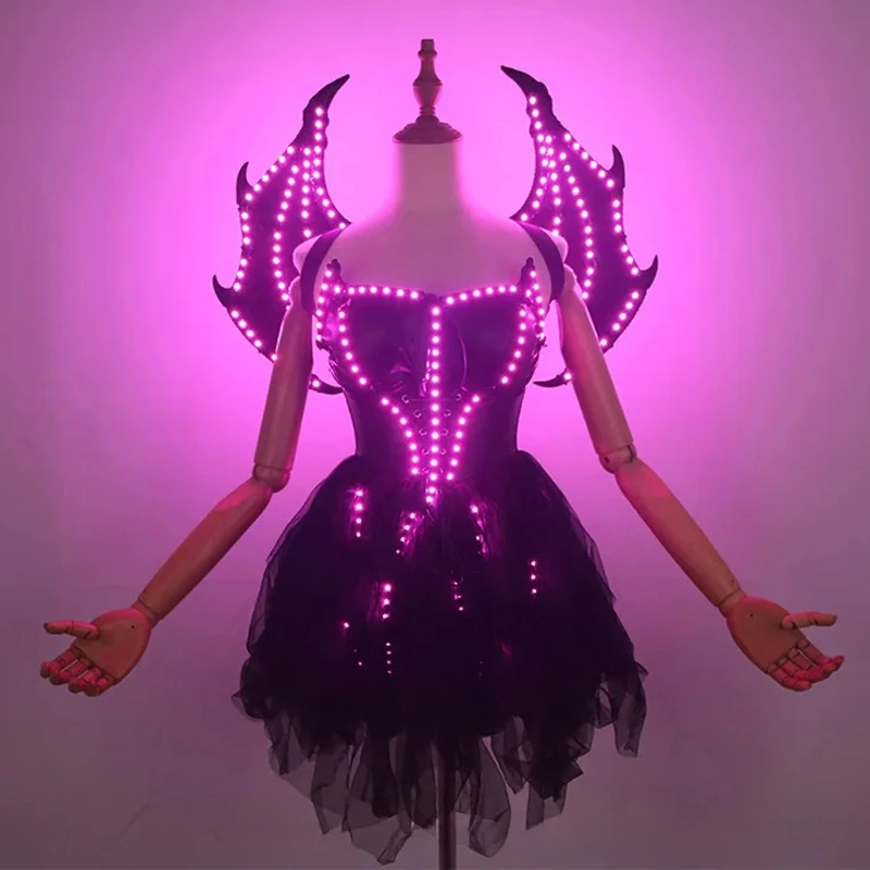 Nightclub Party Drinking Prop Clothing LED Glowing Costume Witch's Wing Set Black Color-changing Halloween Festival Cosplay Suit