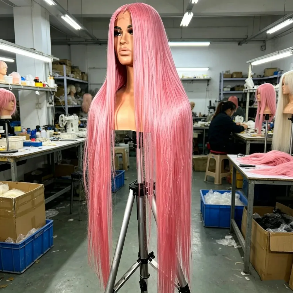 Pink 13x6 Hd Straight Lace Front Wig Human Hair 28 Inch Pink Lace Front Wig Human Hair For Black Women Pre Plucked 260% Density