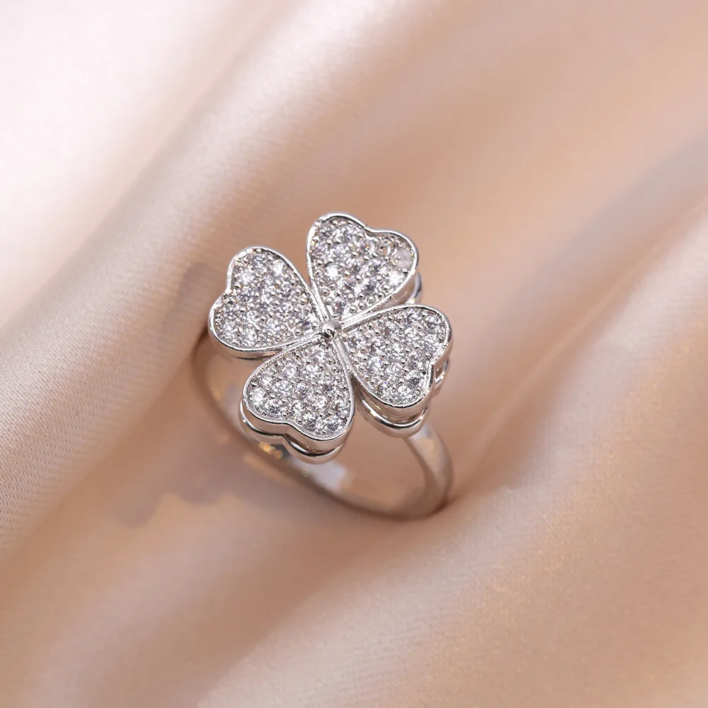 Four-leaf Clover Full Cubic Zirconia Rotatable Opening Adjustable Rings Women Gold Silver Color Copper Metal Ring Party Jewelry image 4