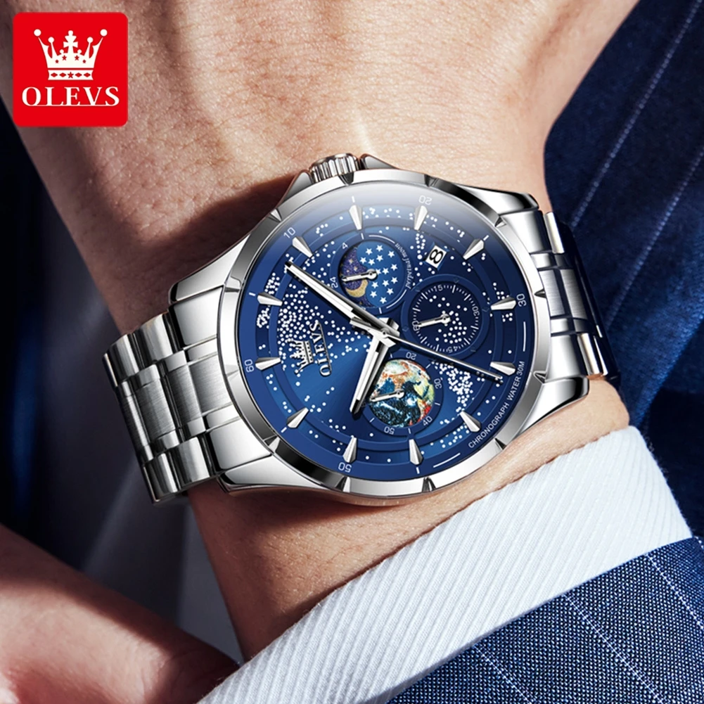 ساعة يد كوارتز أصلية للرجال ، كرونوغراف ، مقاومة للماء ، فولاذ مقاوم للصدأ ، طور القمر ، شاشة عرض 24 ساعة ، مضيئة