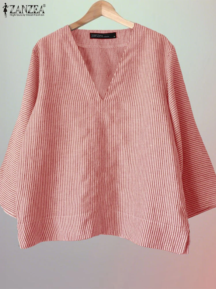 

2025 ZANZEA Summer 3/4 Sleeve Shirts Women V Neck Stripe Blouse Casual Baggy Work Blusas Female Loose Chemise Fashion Tunic Tops