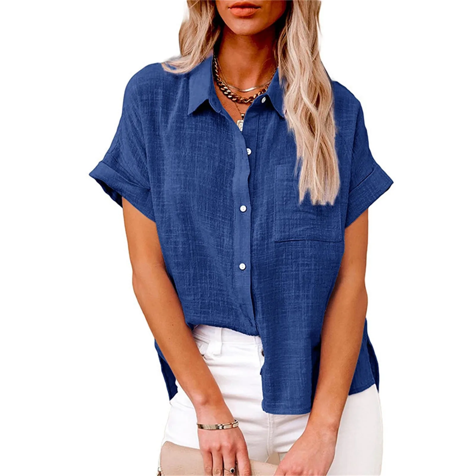 

Summer New Ladies Cotton Linen Loose Blouses And Lapel Rolled Short Sleeve Button Shirt Tee Shirt Simple Vintage Female Clothing