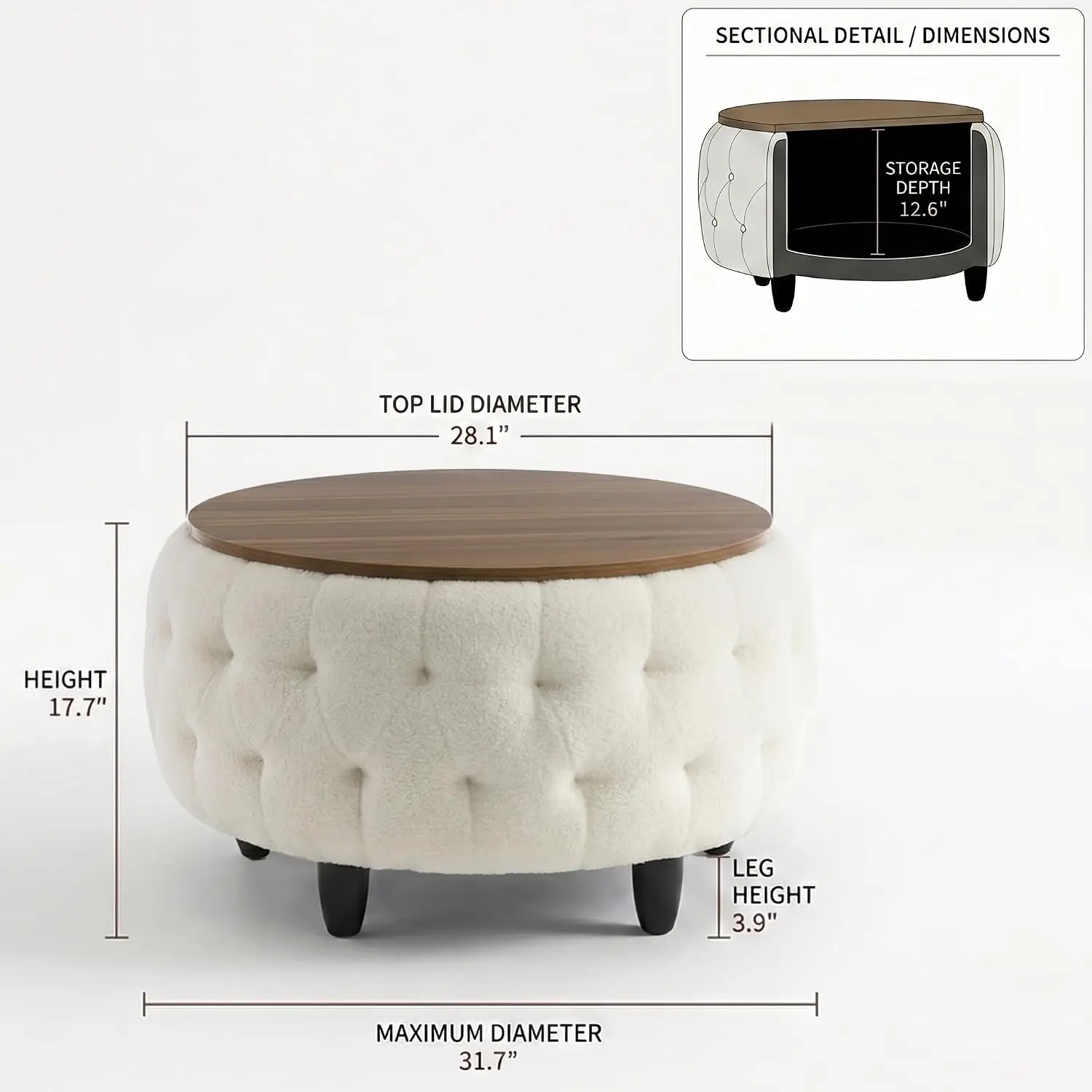 Large Round Storage Ottoman with Wooden Top, 32 Inch Teddy Fleece Tufted Sofa Stool for Living Room & Bedroom, White, Customized