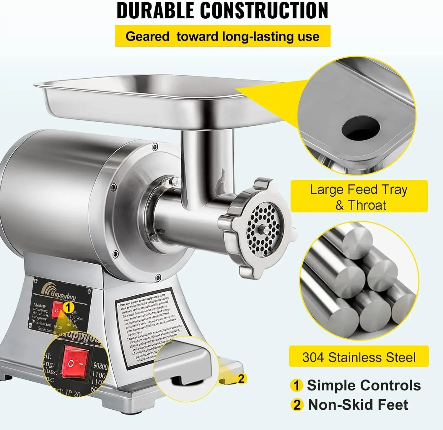 Commerciële vleesmolen, 550LB/h 1100W, 220 RPM robuuste roestvrijstalen industriële vleesmolen met 2 messen, maalplaten en M