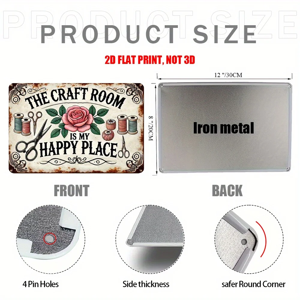 شعار معدني مسطح ريترو ستوديو ثنائي الأبعاد، 12 * 8 بوصة تأثيرات بصرية ملونة لوحة زخرفية مع مقص، مخطوطات، توضيح زهور