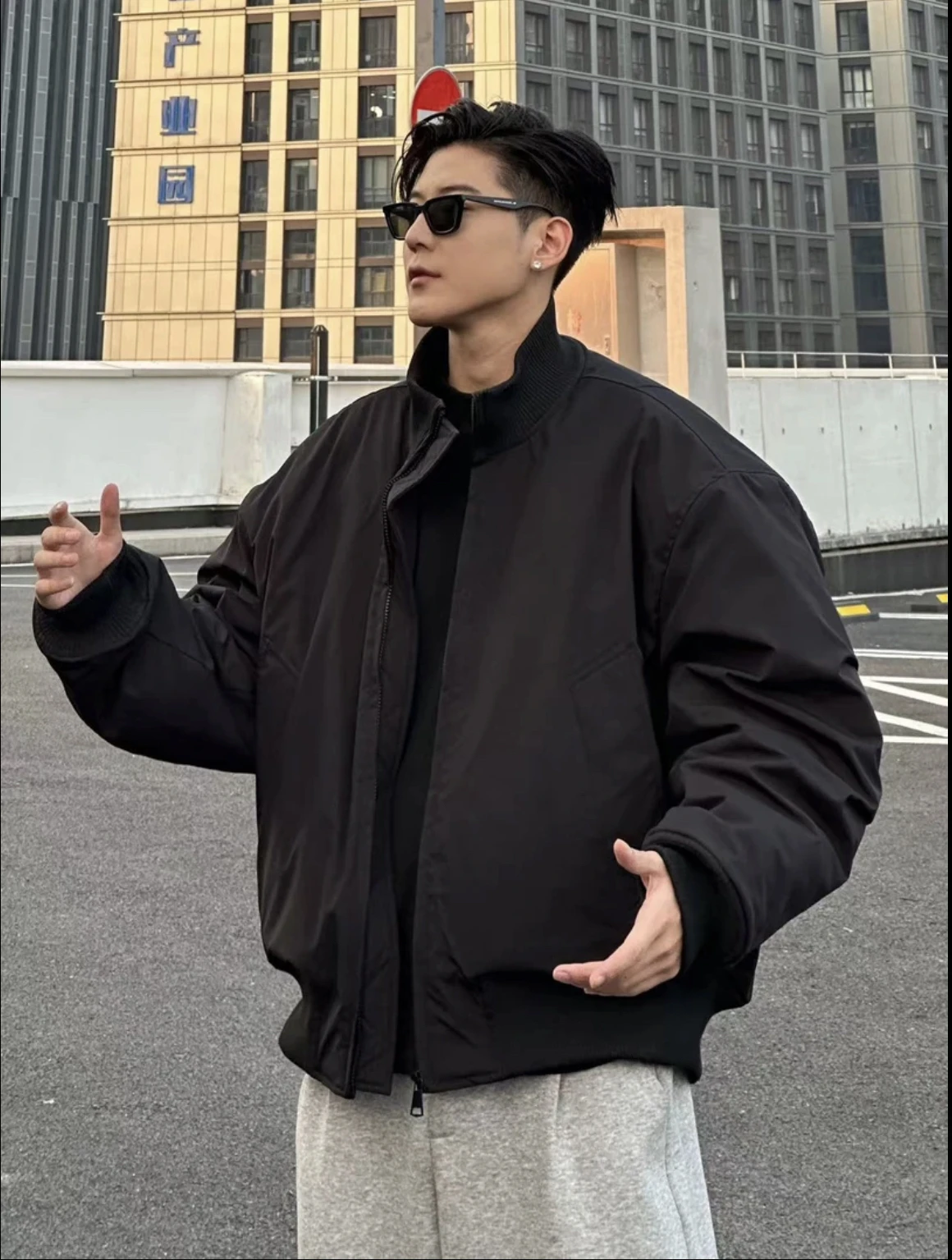 

American High Street Stand Collar Haome Cotton Jaet Men's Winter Thi Warm Flight Jaet Cotton Coat Loose Fit Long Sle...