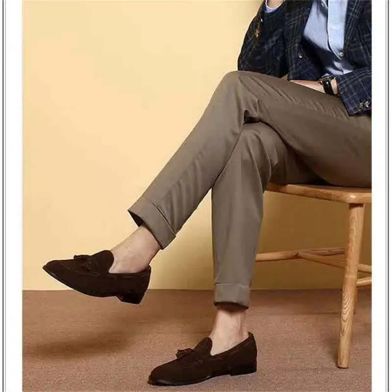 New Men Loafers Brown Cow Suede Solid Flats Round Toe Low-heeled Tassel Slip-on Fashion Business Casual Party Daily Men Shoes