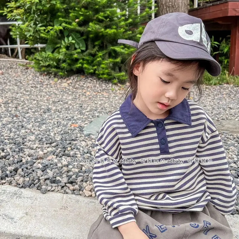 

Kids Striped Collared Polo Shirt Long Sleeve Cotton Blend Top with Buttons Preppy Style Fashion Ventilate Outfit for Toddlers