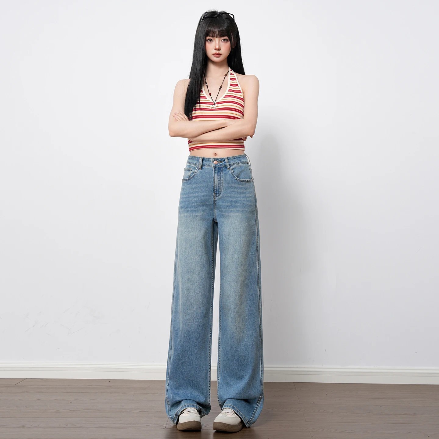 American Casual 2026 New Light Wash Stretch Straight Jeans High Rise Loose Non Stick Leg Wide Floor Women Street Outfit Pants view 2